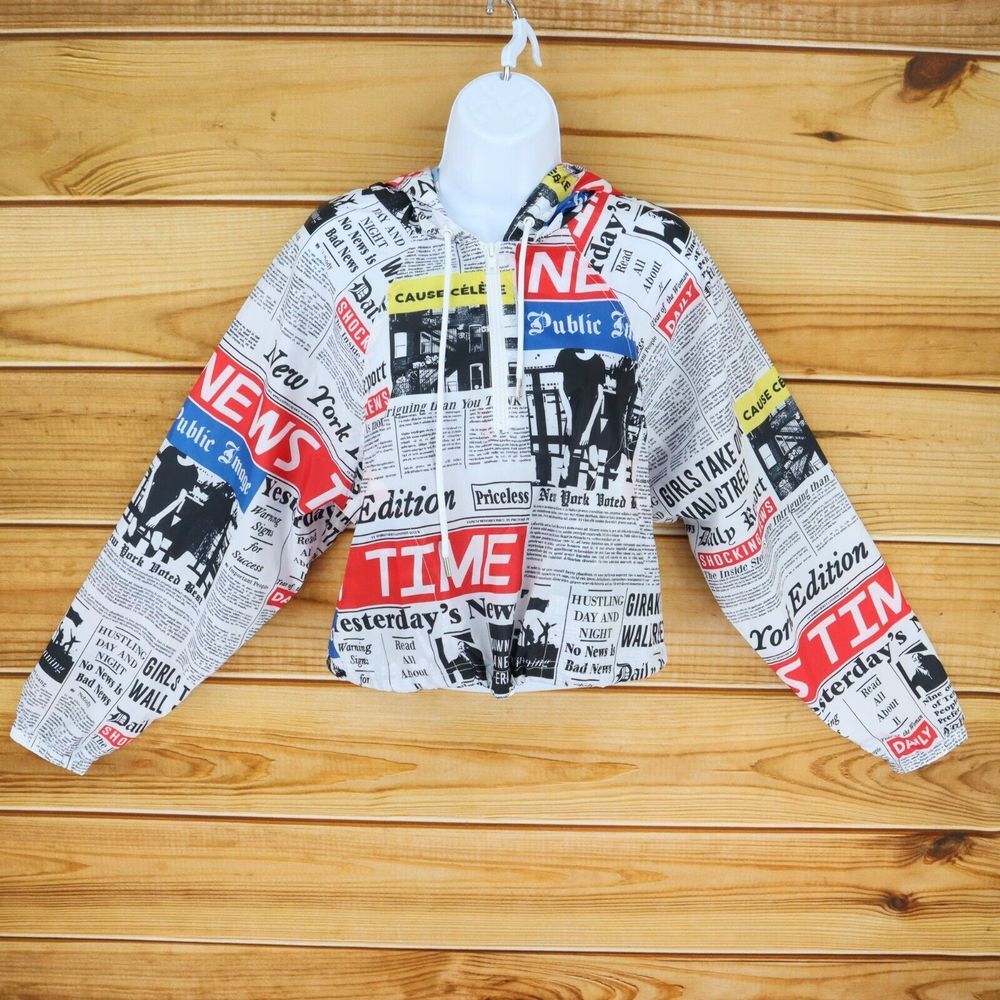 Forever 21 Cropped Hoodie "Time" News Articles Womens Size M White Multicolor